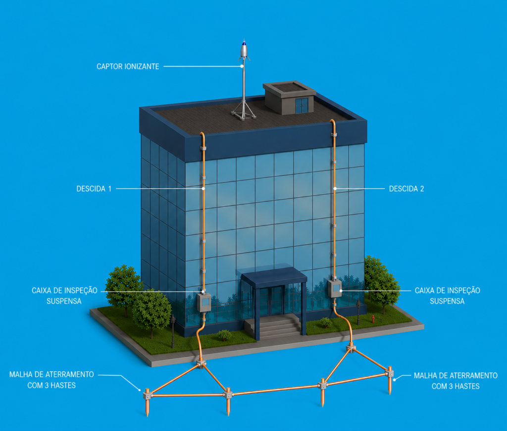 SPDA Ionizante Hagler com captor ionizante de grande raio de proteção instalado em edificação comercial.