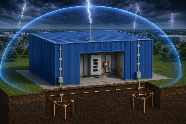 SPDA Ionizante Hagler com captor ionizante de grande raio de proteção instalado em edificação comercial e industrial.