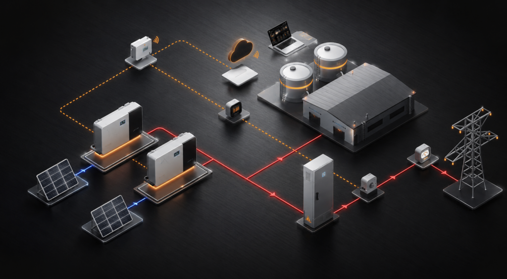 Sistema Zero Grid com armazenamento de energia e controle de exportação para indústrias e mercado livre de energia.